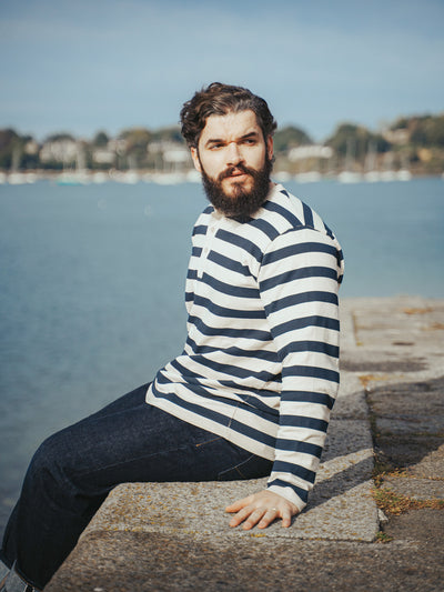 Pétrone Henley cormac manches longues coton bio marinière blanc crème homme#couleur_marinière-blanc-crème