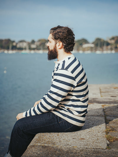 Pétrone Henley cormac manches longues coton bio marinière blanc crème homme#couleur_marinière-blanc-crème
