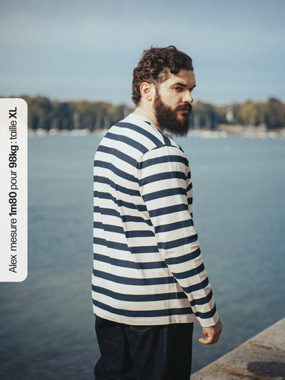 Pétrone Henley cormac manches longues coton bio marinière blanc crème homme#couleur_marinière-blanc-crème