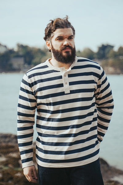 Pétrone Henley cormac manches longues coton bio marinière blanc homme