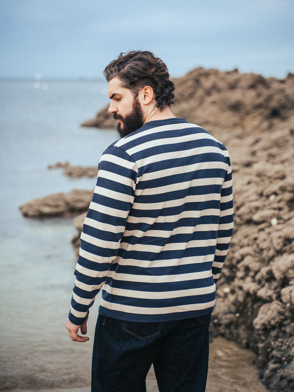 Pétrone Henley cormac manches longues coton bio marinière blanc crème bleu marine homme#couleur_marinière-bleu-marine