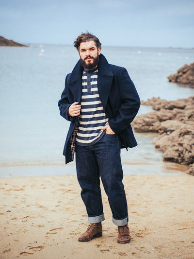 Pétrone Henley cormac manches longues coton bio marinière blanc crème bleu marine homme#couleur_marinière-bleu-marine