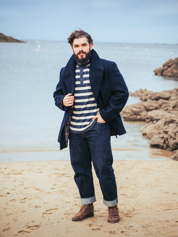 Pétrone Henley cormac manches longues coton bio marinière blanc crème bleu marine homme#couleur_marinière-bleu-marine