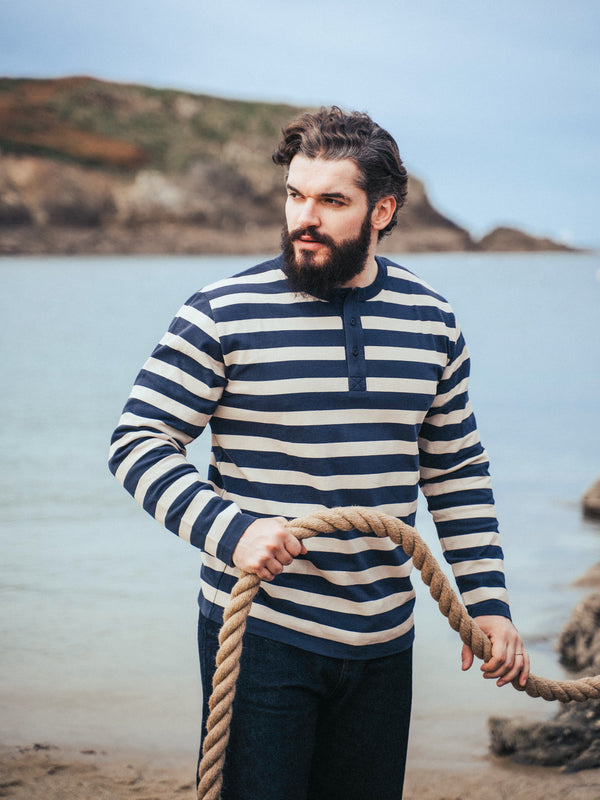 Pétrone Henley cormac manches longues coton bio marinière blanc crème bleu marine homme#couleur_marinière-bleu-marine