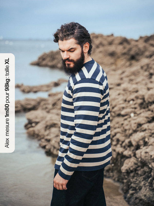 Pétrone Henley cormac manches longues coton bio marinière blanc crème bleu marine homme#couleur_marinière-bleu-marine