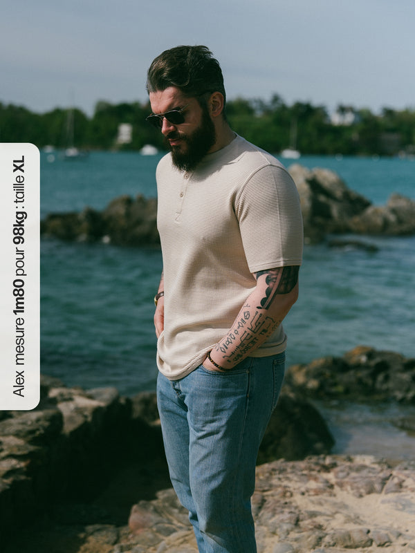 Pétrone Henley cormac manches courtes coton bio Tencel beige homme#couleur_beige