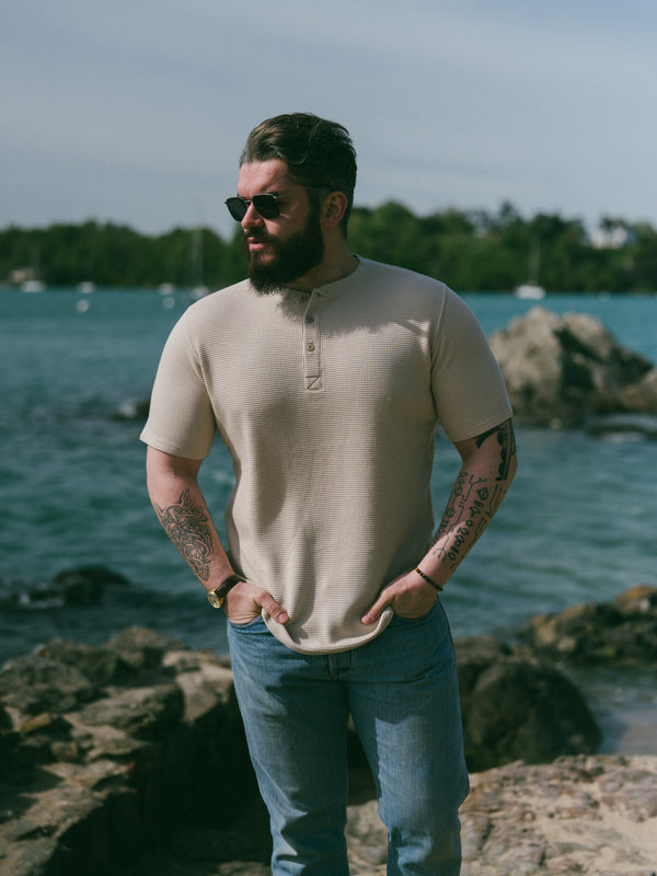 Pétrone Henley cormac manches courtes coton bio Tencel beige homme#couleur_beige