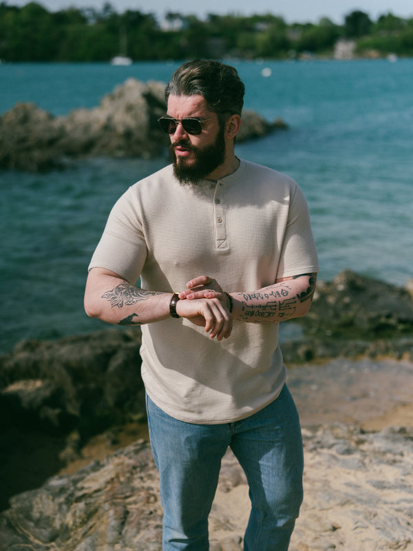 Pétrone Henley cormac manches courtes coton bio Tencel beige homme#couleur_beige