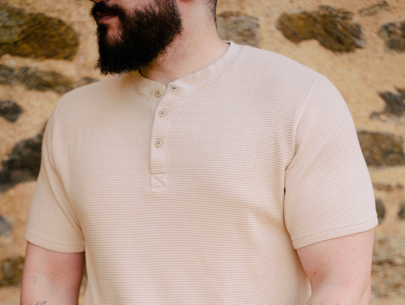 Pétrone Henley cormac manches courtes coton bio Tencel beige homme#couleur_beige