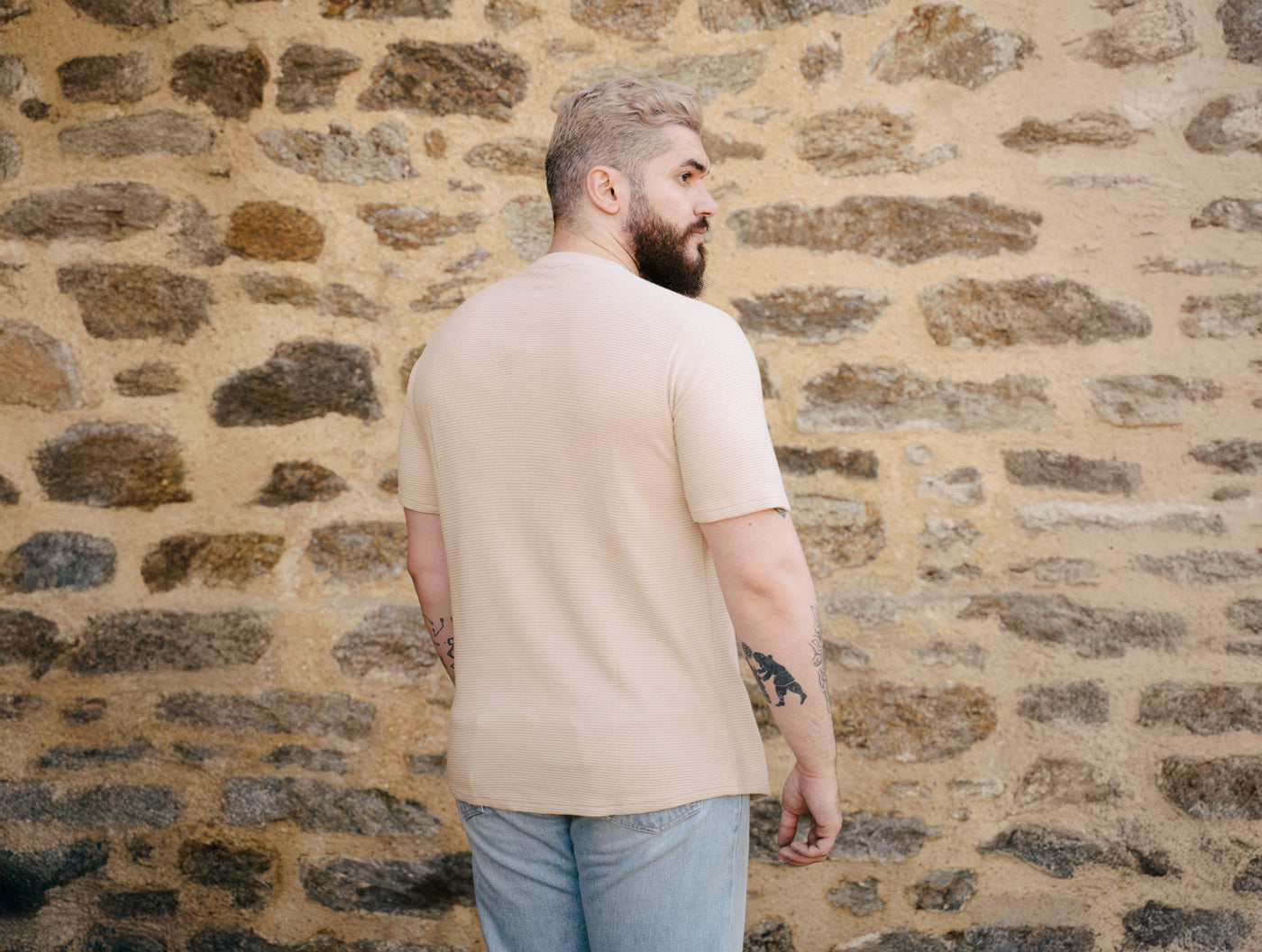 Pétrone Henley cormac manches courtes coton bio Tencel beige homme#couleur_beige