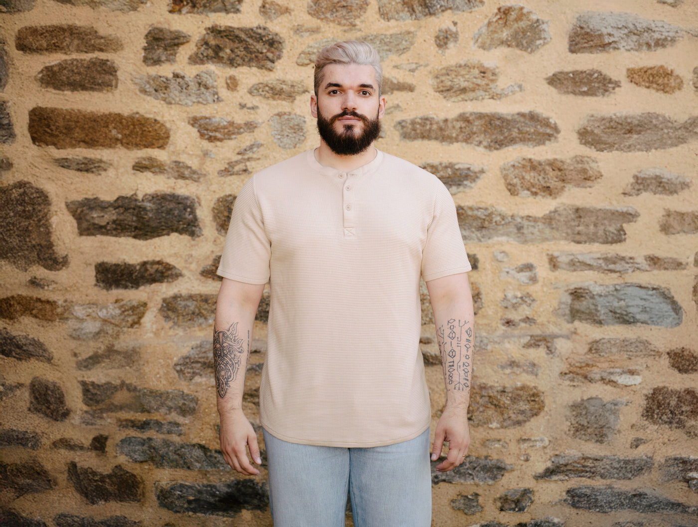 Pétrone Henley cormac manches courtes coton bio Tencel beige homme#couleur_beige