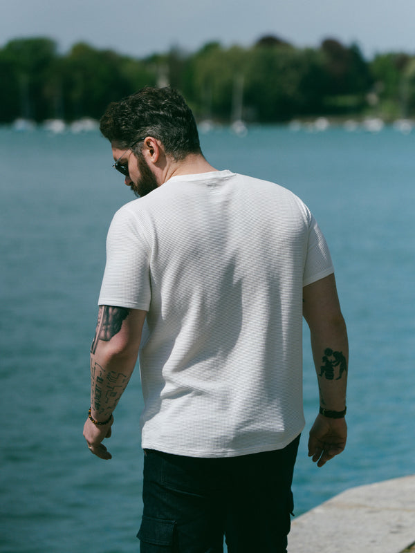 Pétrone Henley cormac manches courtes coton bio Tencel blanc crème homme#couleur_blanc-crème