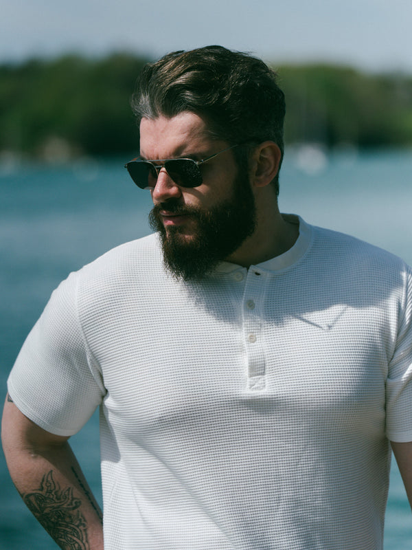 Pétrone Henley cormac manches courtes coton bio Tencel blanc crème homme#couleur_blanc-crème