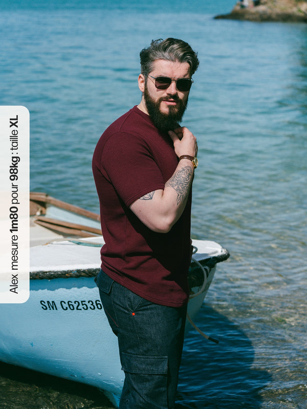Pétrone Henley cormac manches courtes coton bio Tencel bordeaux foncé homme#couleur_bordeaux-foncé