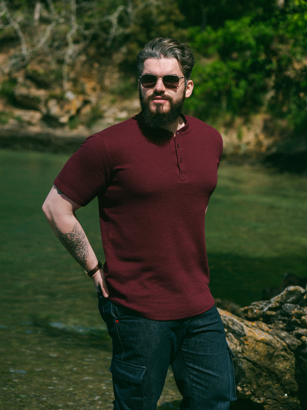 Pétrone Henley cormac manches courtes coton bio Tencel bordeaux foncé homme#couleur_bordeaux-foncé