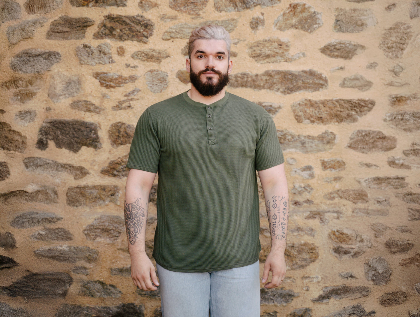 Pétrone Henley cormac manches courtes coton bio Tencel vert kaki homme#couleur_vert-kaki