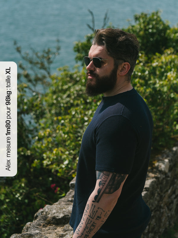Pétrone Henley cormac manches courtes coton bio Tencel bleu marine homme#couleur_bleu-marine