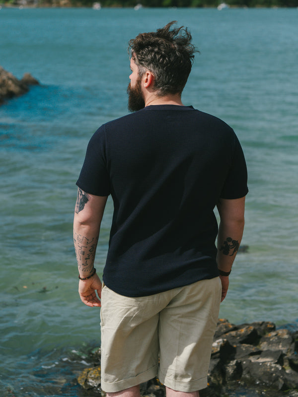 Pétrone Henley cormac manches courtes coton bio Tencel bleu marine homme#couleur_bleu-marine