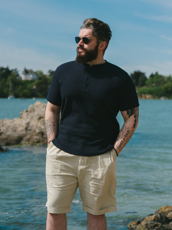 Pétrone Henley cormac manches courtes coton bio Tencel bleu marine homme#couleur_bleu-marine