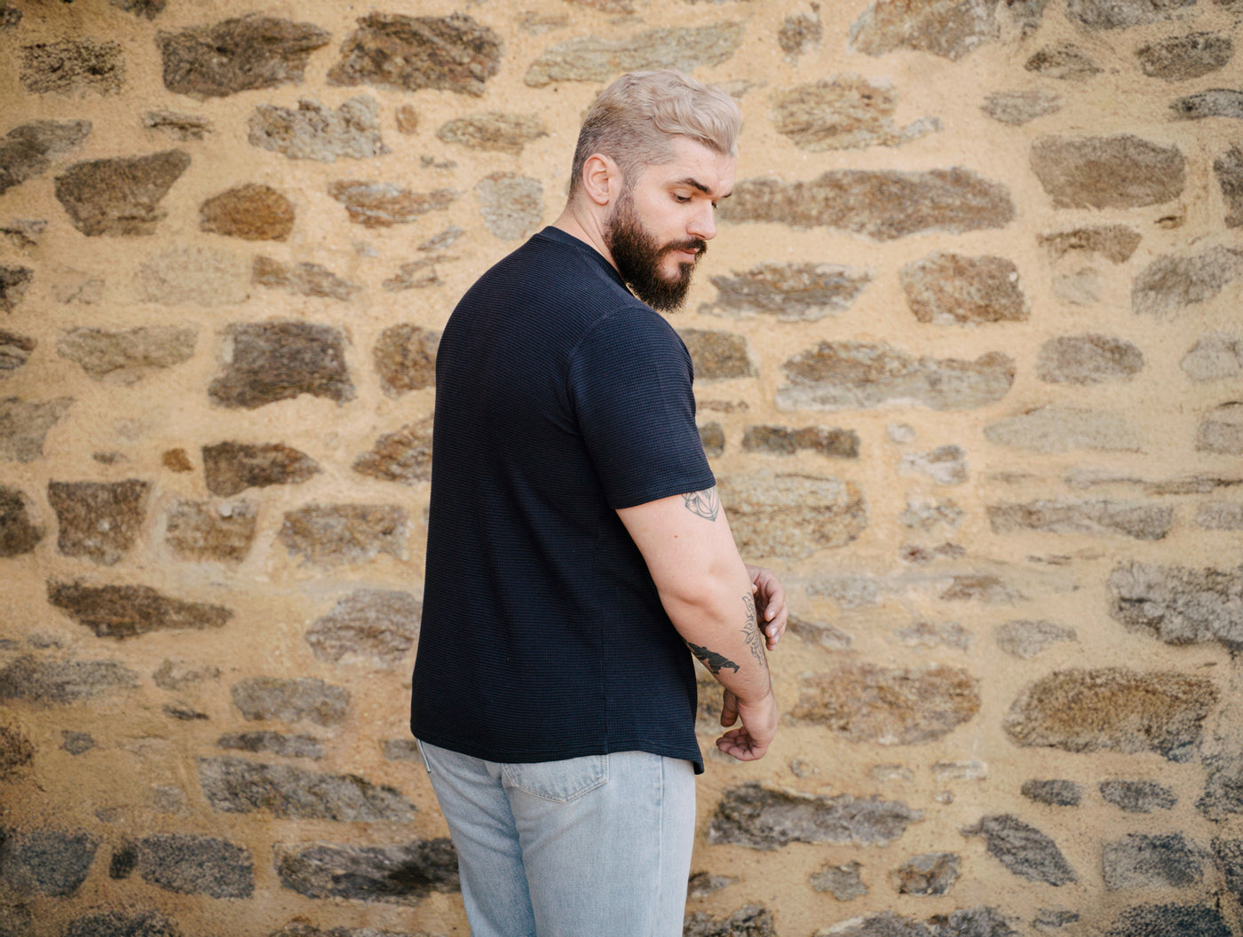 Pétrone Henley cormac manches courtes coton bio Tencel bleu marine homme#couleur_bleu-marine