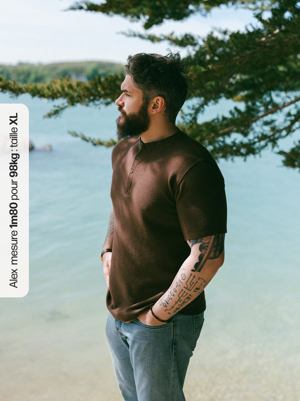 Pétrone Henley cormac manches courtes coton bio Tencel marron homme#couleur_marron