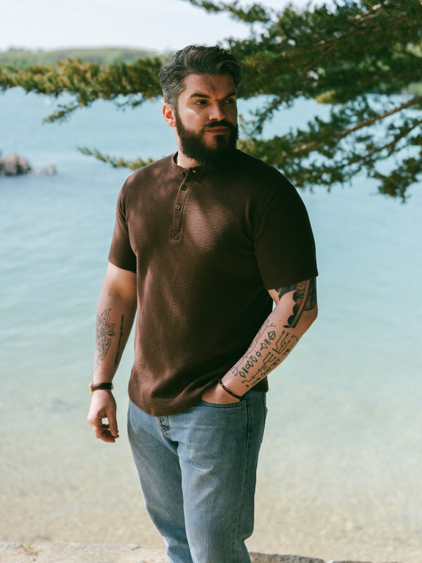 Pétrone Henley cormac manches courtes coton bio Tencel marron homme#couleur_marron
