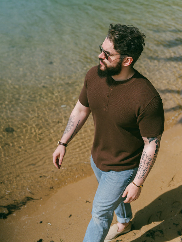 Pétrone Henley cormac manches courtes coton bio Tencel marron homme#couleur_marron