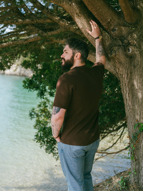 Pétrone Henley cormac manches courtes coton bio Tencel marron homme#couleur_marron