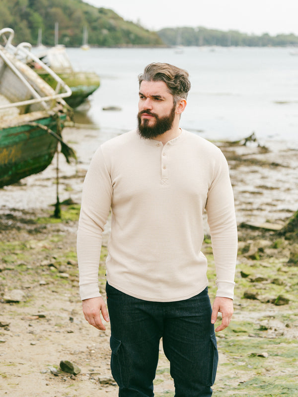 Pétrone Henley cormac manches longues coton bio Tencel beige homme#couleur_beige