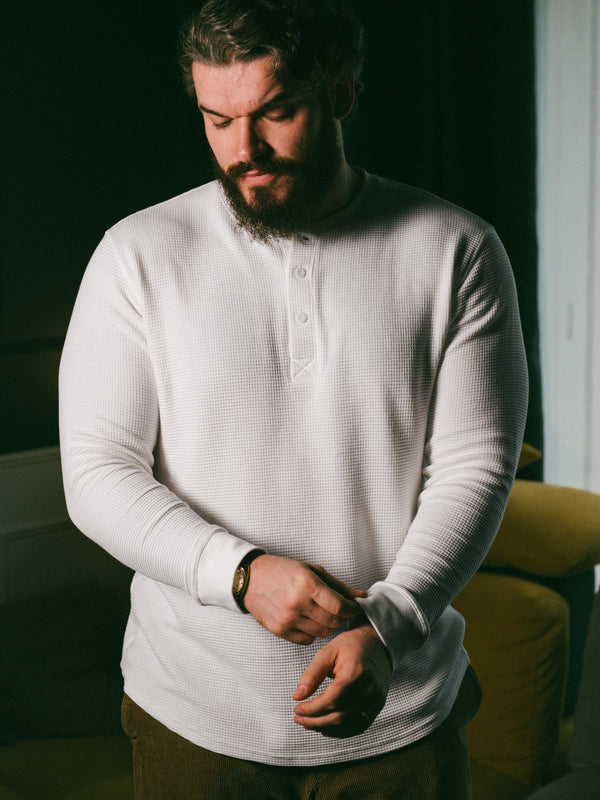 Pétrone Henley cormac manches longues coton bio Tencel blanc crème homme#couleur_blanc-crème