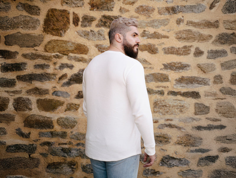 Pétrone Henley cormac manches longues coton bio Tencel blanc crème homme#couleur_blanc-crème