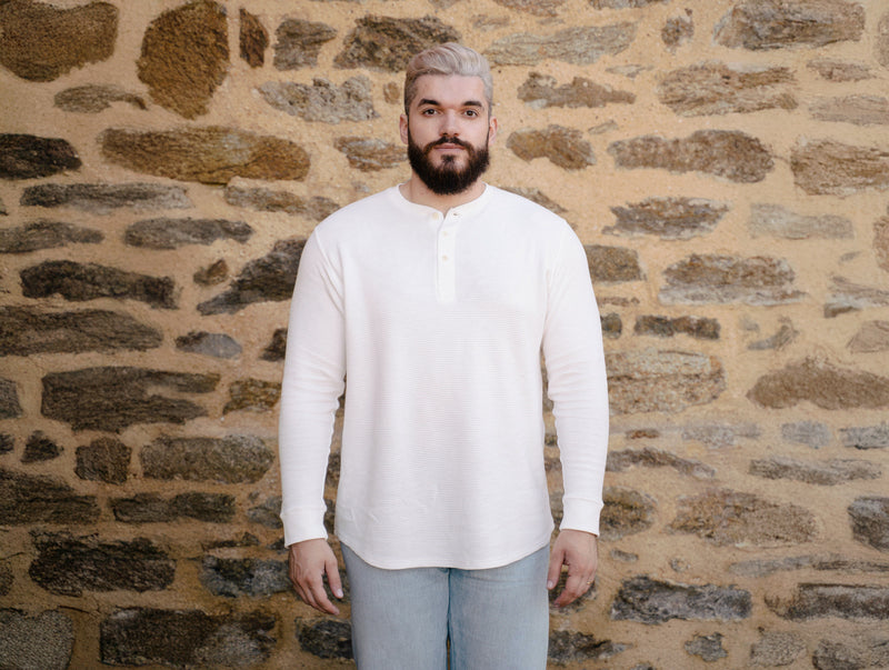 Pétrone Henley cormac manches longues coton bio Tencel blanc crème homme#couleur_blanc-crème