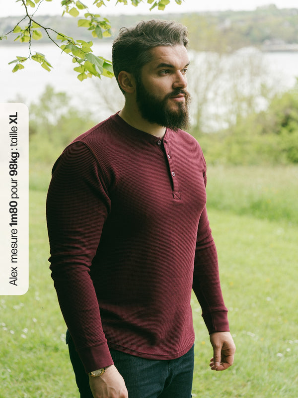 Pétrone Henley cormac manches longues coton bio Tencel bordeaux foncé homme#couleur_bordeaux-foncé