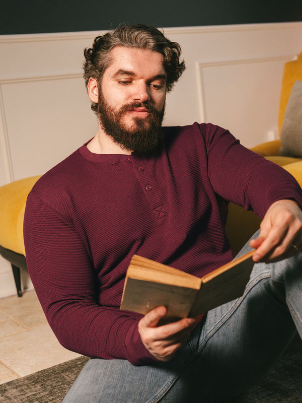 Pétrone Henley cormac manches longues coton bio Tencel bordeaux foncé homme#couleur_bordeaux-foncé