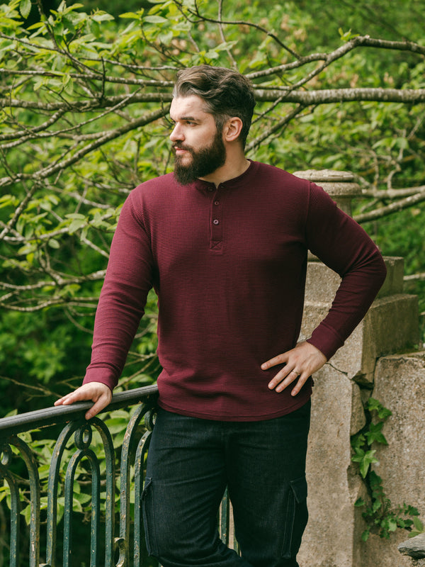 Pétrone Henley cormac manches longues coton bio Tencel bordeaux foncé homme#couleur_bordeaux-foncé