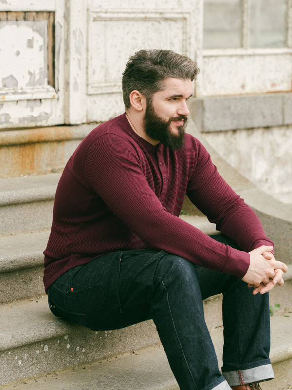 Pétrone Henley cormac manches longues coton bio Tencel bordeaux foncé homme#couleur_bordeaux-foncé