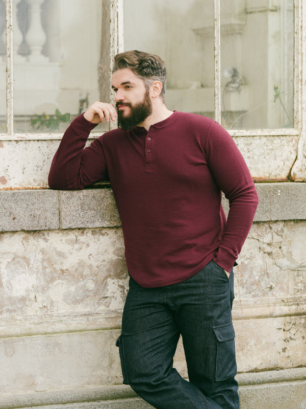Pétrone Henley cormac manches longues coton bio Tencel bordeaux foncé homme#couleur_bordeaux-foncé