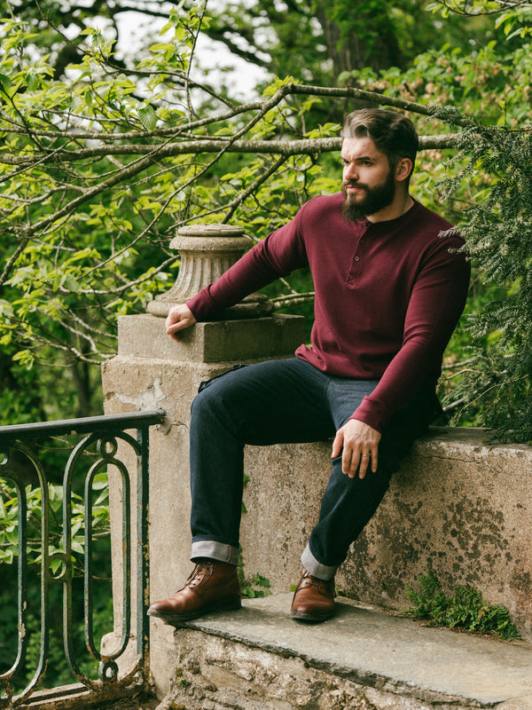 Pétrone Henley cormac manches longues coton bio Tencel bordeaux foncé homme#couleur_bordeaux-foncé