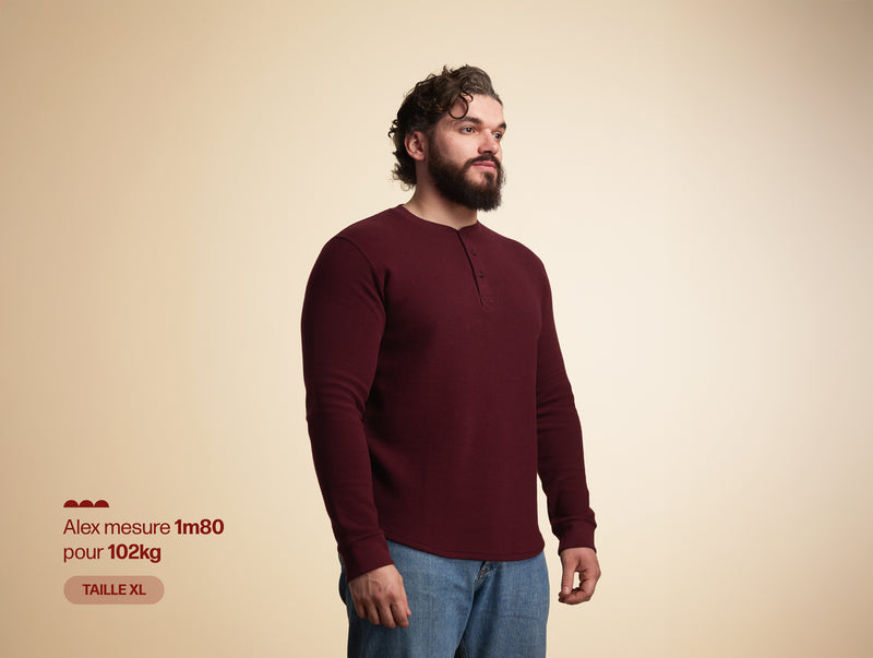 Pétrone Henley cormac manches longues coton bio Tencel bordeaux foncé homme#couleur_bordeaux-foncé