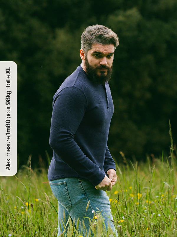 Pétrone Henley cormac manches longues coton bio Tencel bleu marine homme#couleur_bleu-marine