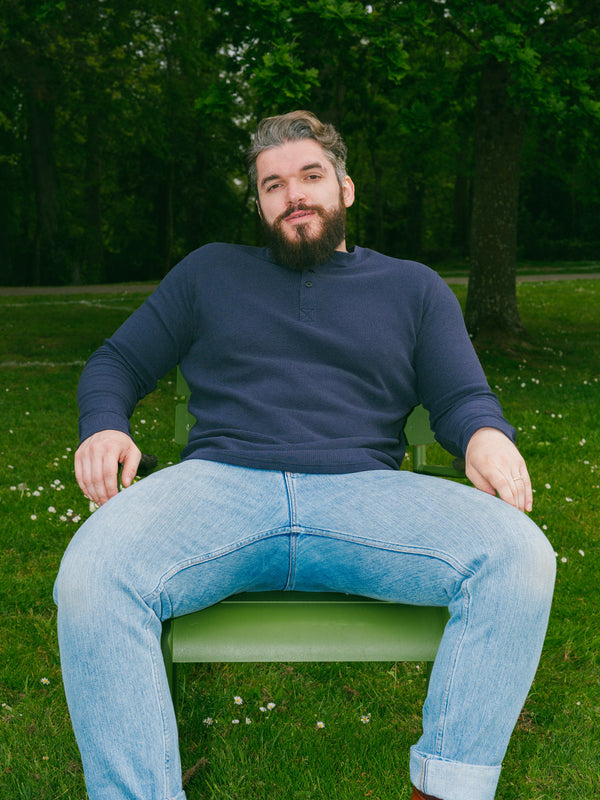 Pétrone Henley cormac manches longues coton bio Tencel bleu marine homme#couleur_bleu-marine