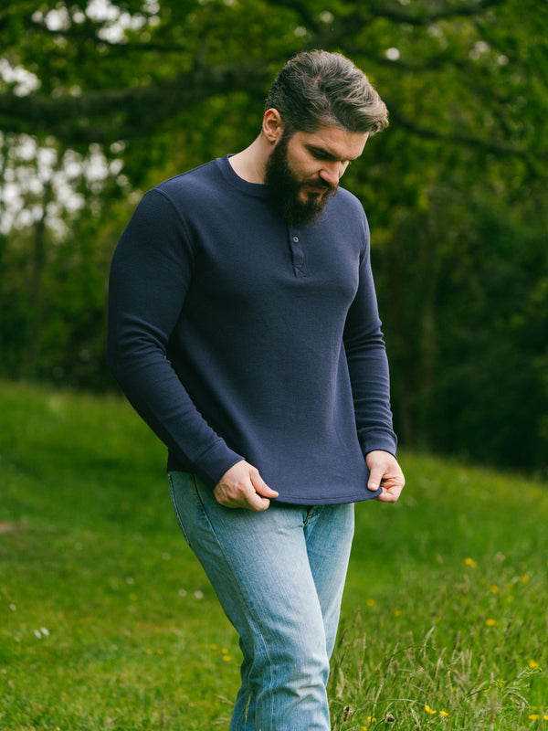 Pétrone Henley cormac manches longues coton bio Tencel bleu marine homme#couleur_bleu-marine