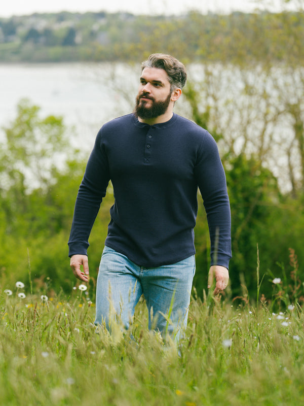 Pétrone Henley cormac manches longues coton bio Tencel bleu marine homme#couleur_bleu-marine