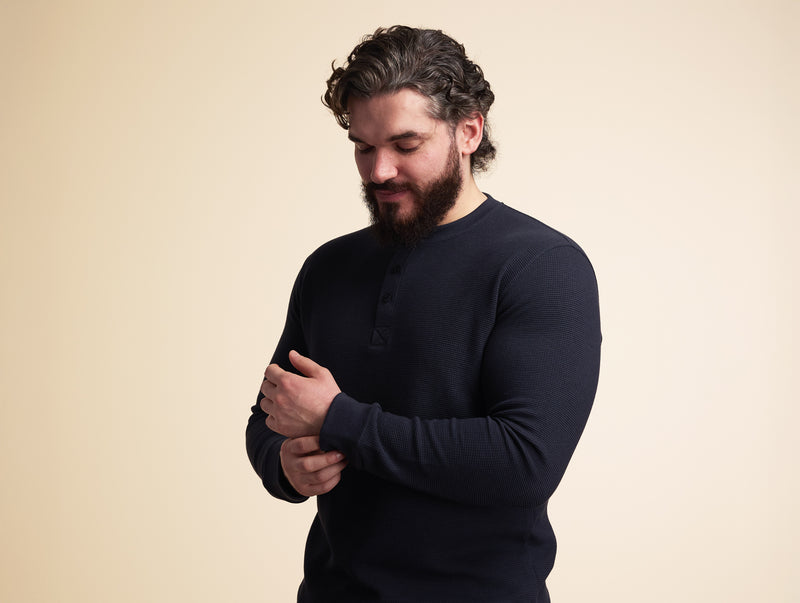 Pétrone Henley cormac manches longues coton bio Tencel bleu marine homme#couleur_bleu-marine