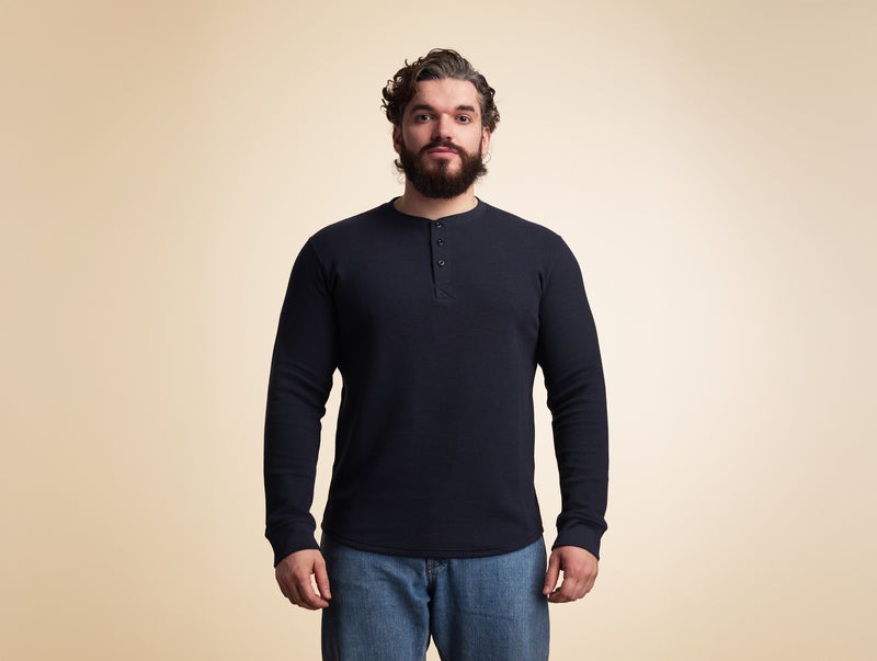 Pétrone Henley cormac manches longues coton bio Tencel bleu marine homme#couleur_bleu-marine