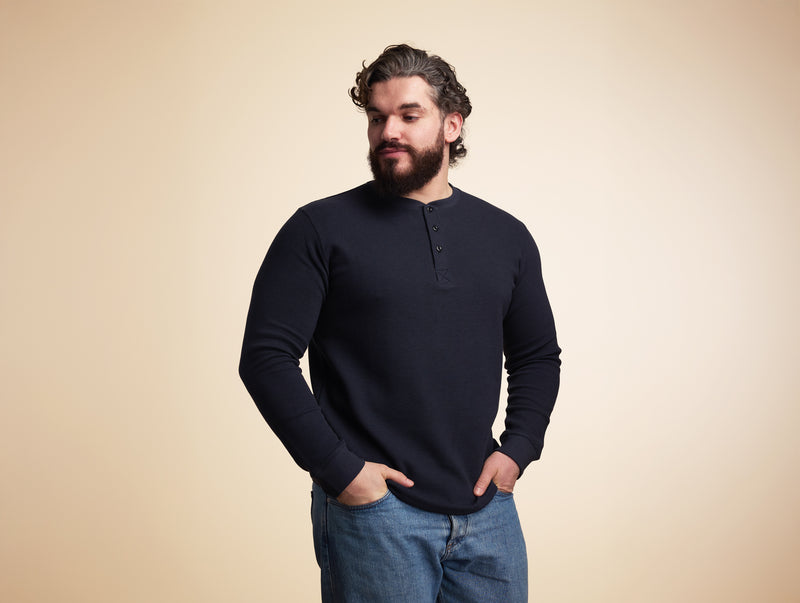 Pétrone Henley cormac manches longues coton bio Tencel bleu marine homme#couleur_bleu-marine