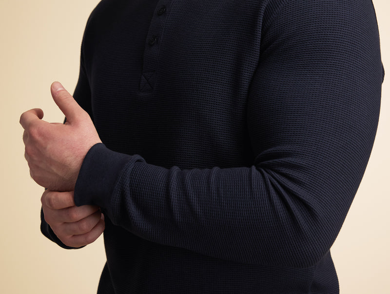 Pétrone Henley cormac manches longues coton bio Tencel bleu marine homme#couleur_bleu-marine
