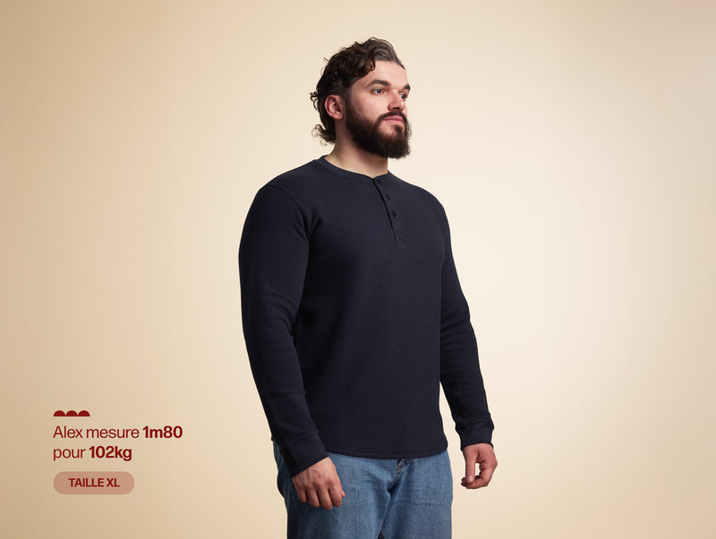 Pétrone Henley cormac manches longues coton bio Tencel bleu marine homme#couleur_bleu-marine