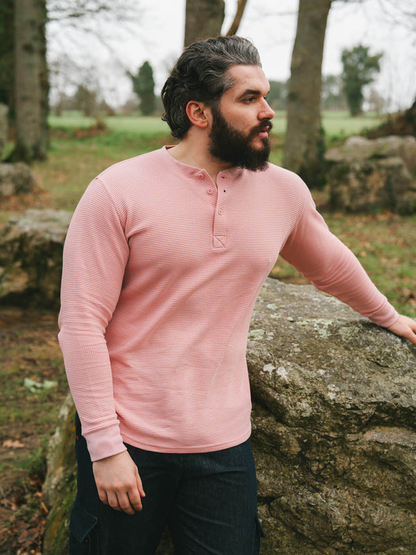 Pétrone Henley cormac manches longues coton bio Tencel rose homme#couleur_rose