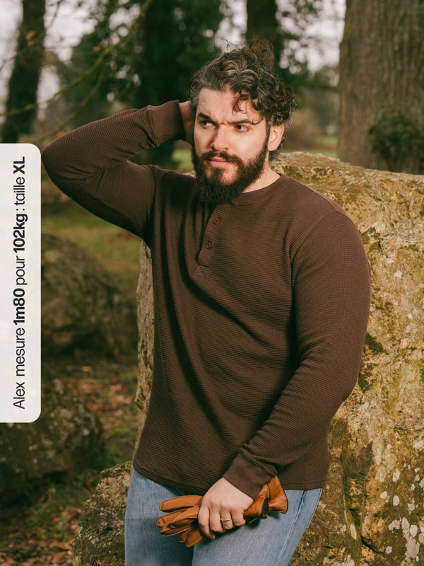 Pétrone Henley cormac manches longues coton bio Tencel marron homme#couleur_marron